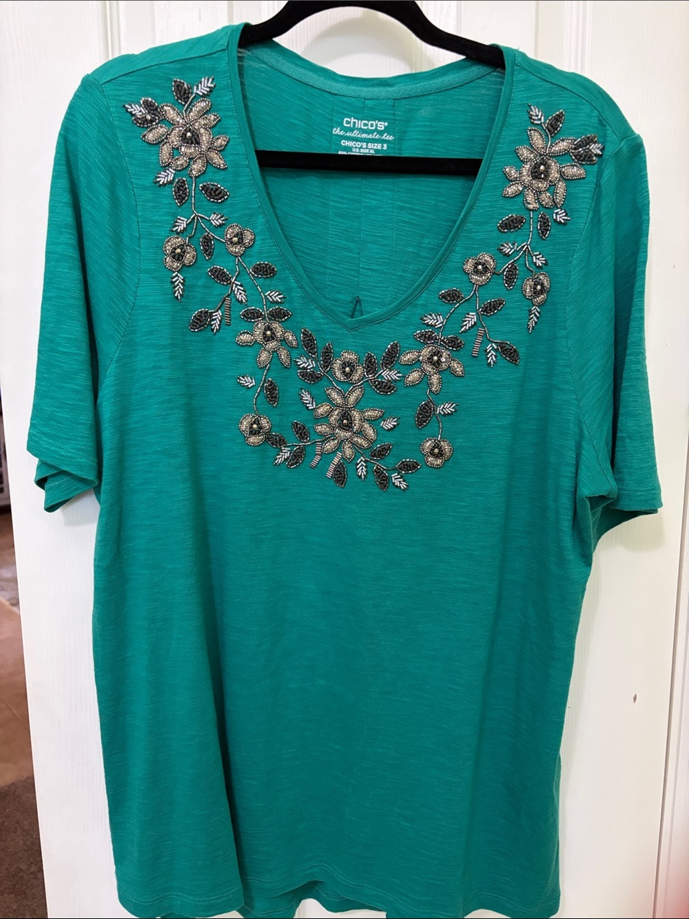 Chico's Teal Short-Sleeve V-Neck Top with Floral Bead Embellishment